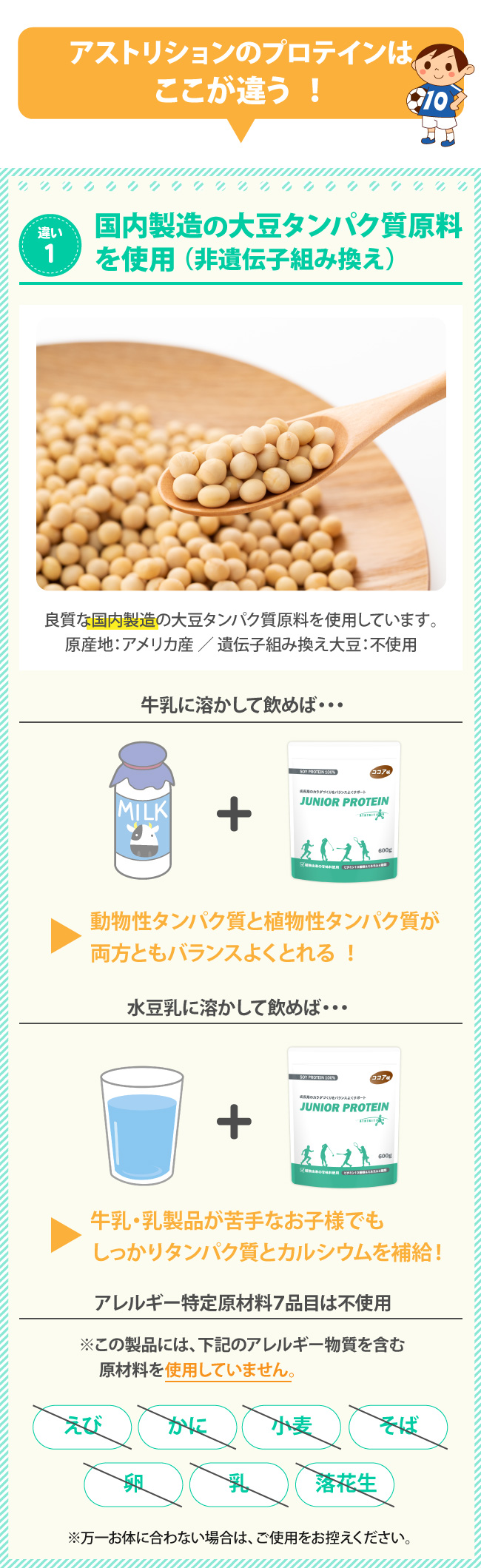 特徴１：国内製造の大豆タンパク質を使用
