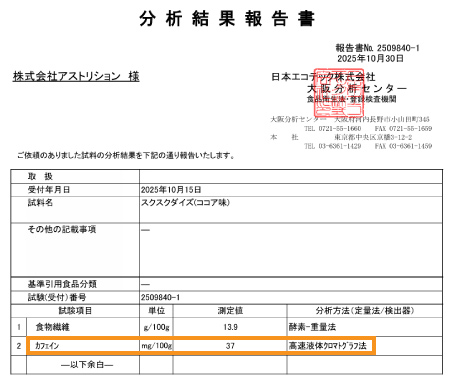 スクスクダイズ きなこココア味のカフェイン量の検査結果